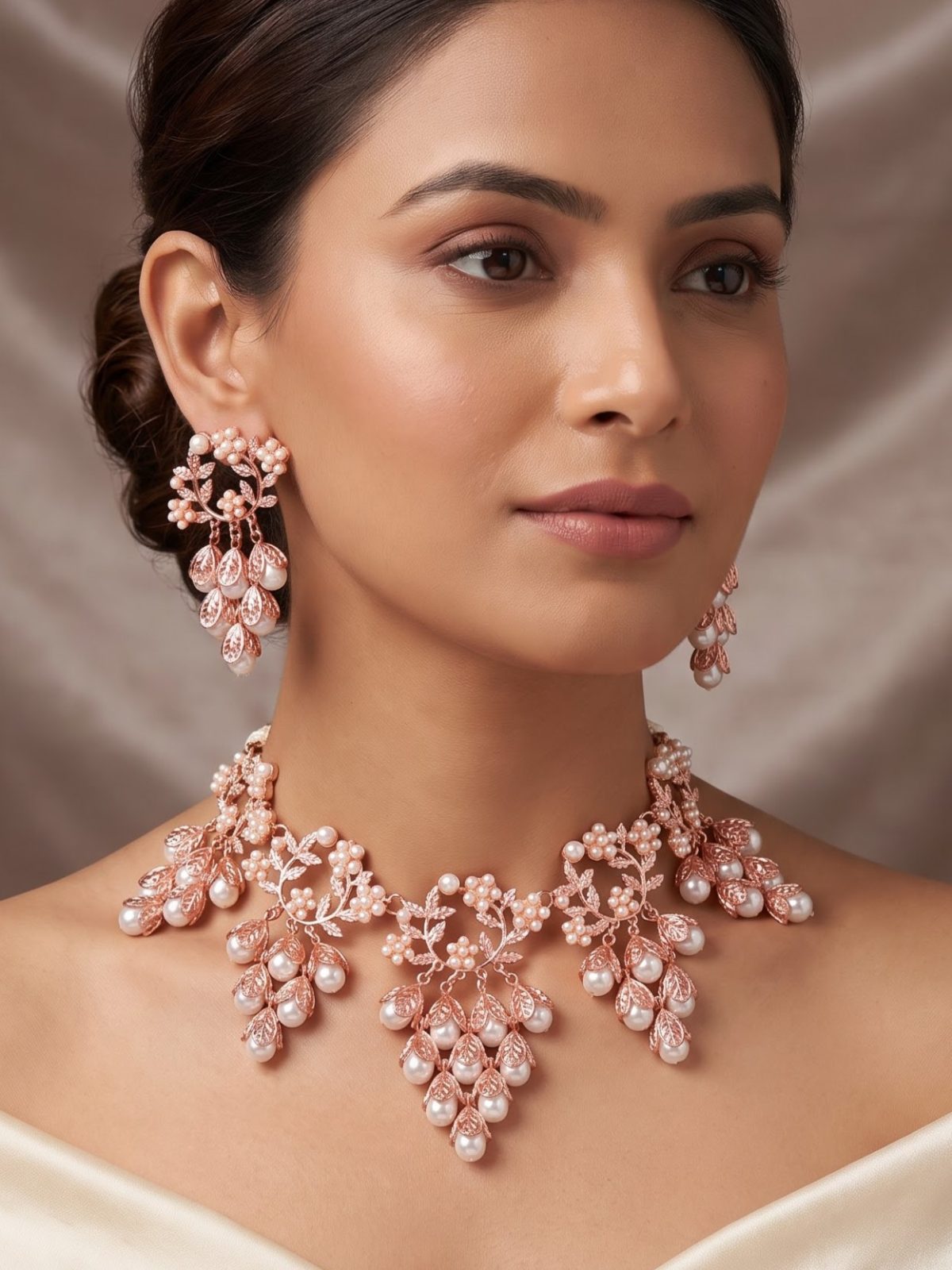 Sanya Pearl Work Rose Gold Necklace Set
