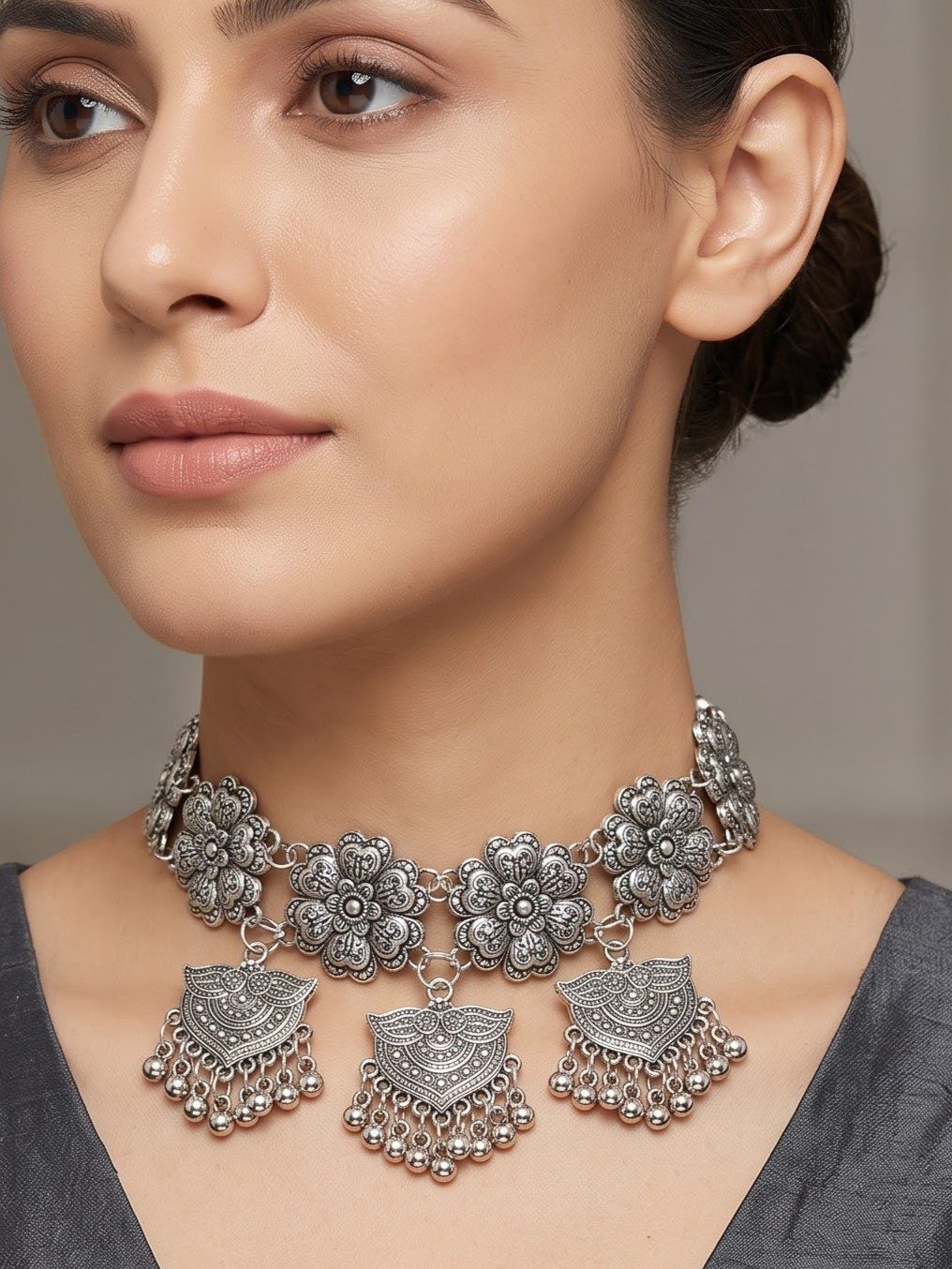 Alia Oxidized Floral Design Choker Set