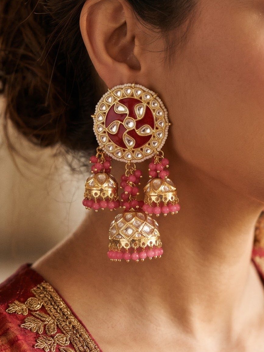 Hanshika Kundan Meenakari Jhumka with Pearls