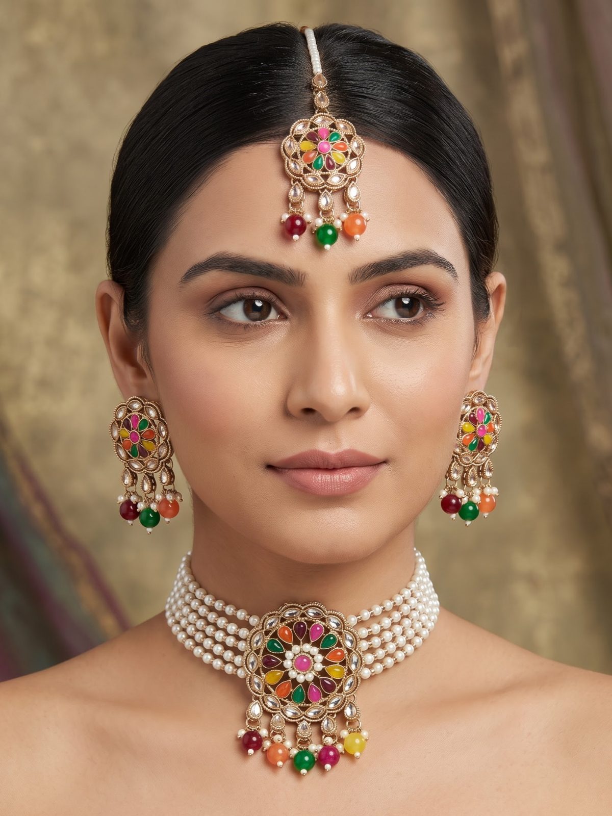 Devishi Detailed Minimal Pearl Choker Set with Maang Tikka
