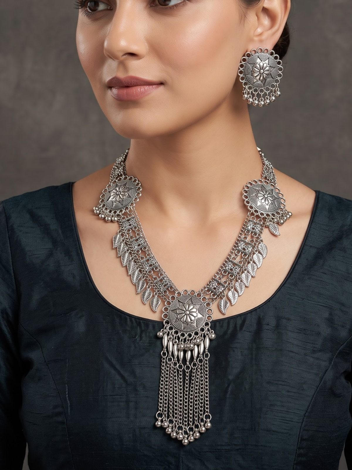Aaditi Silver Look Oxidized Long Necklace Set