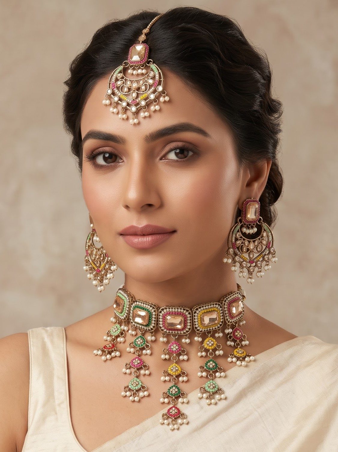 Aarti Detailed Retail Pearls Kundan Necklace Set With Tikka