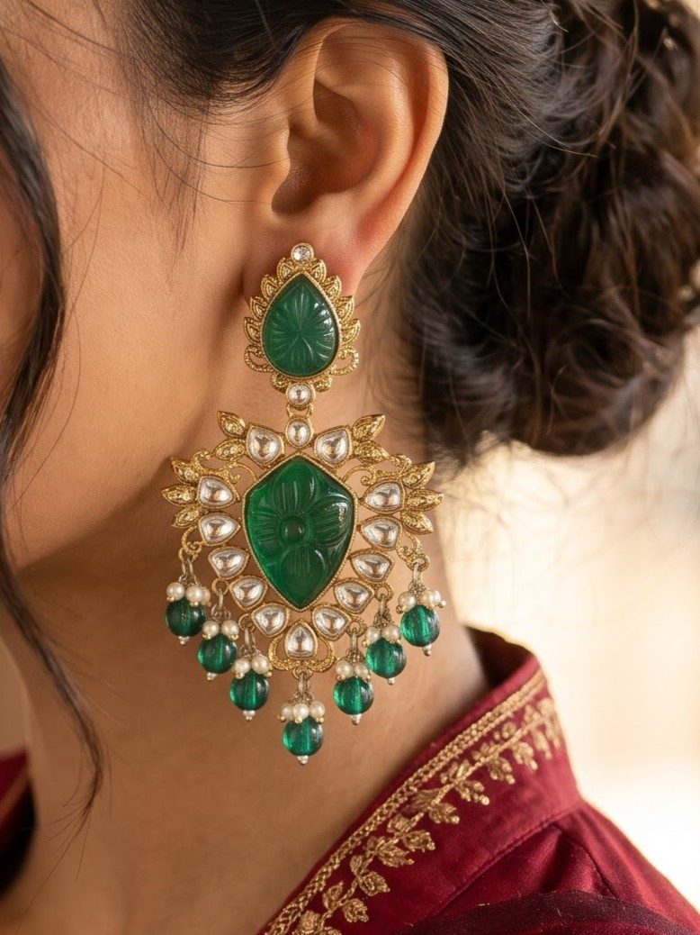 Arushi Kundan Earrings with Carved Stone and Hanging Pearls