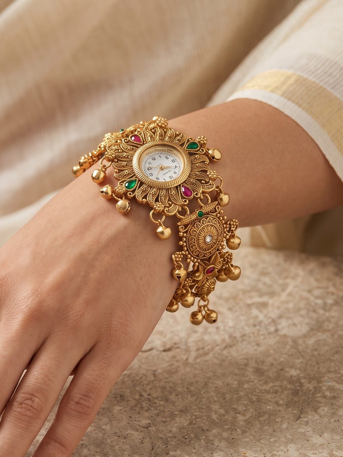 Amyra Intricate Gold Toned Watch Bracelet