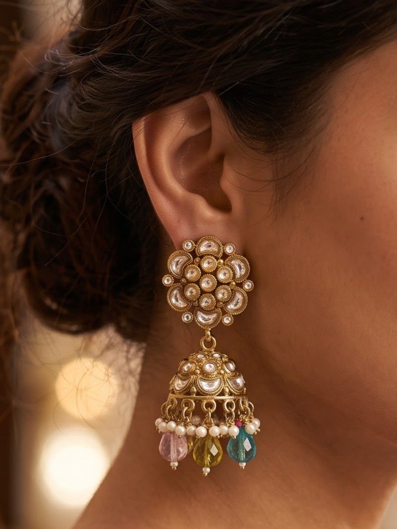Sakshi Floral Desgin with Hanging Crystals Jhumkas