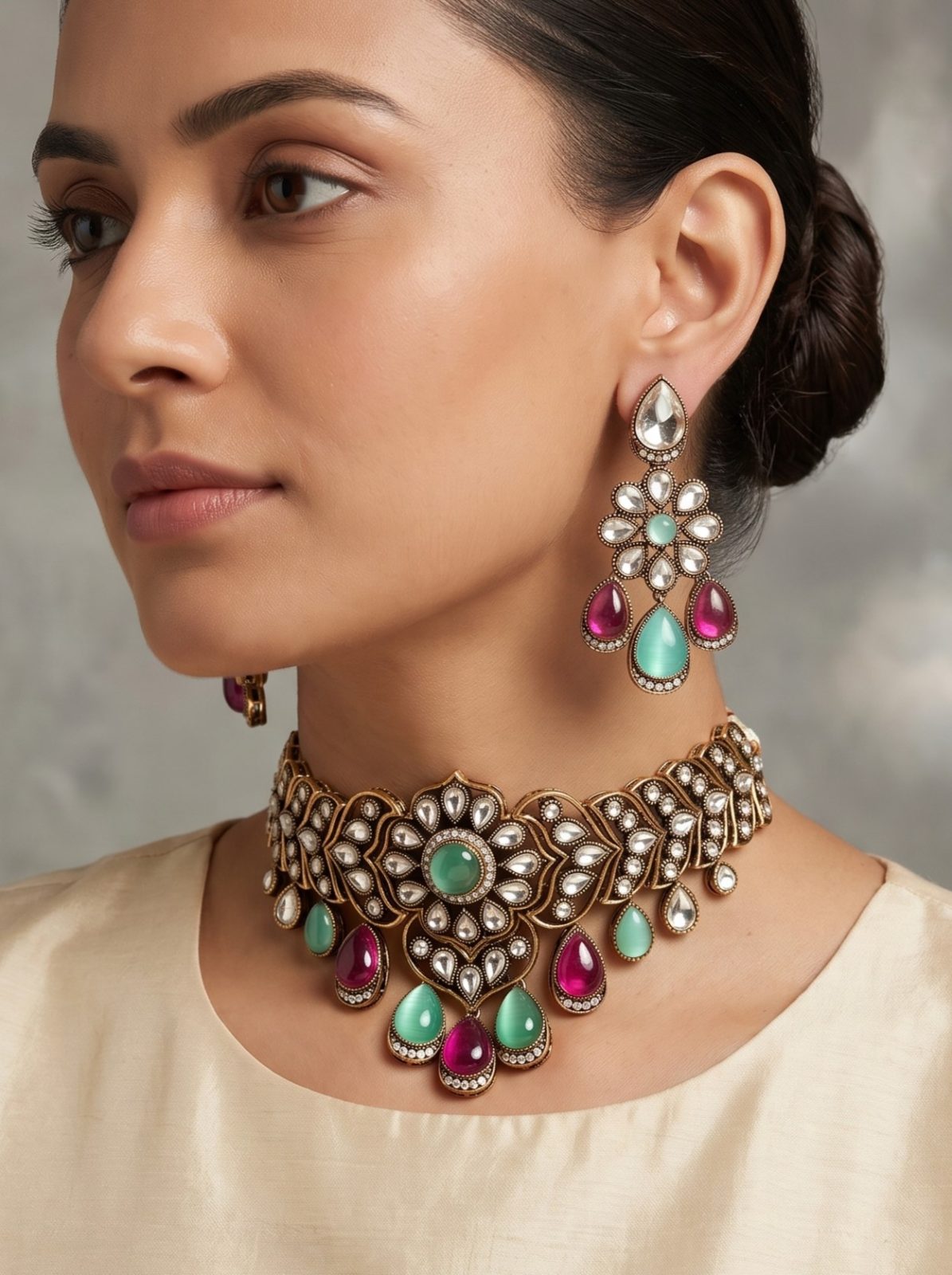 Advika Victorian Zircon and Monalisa Stone Choker Set
