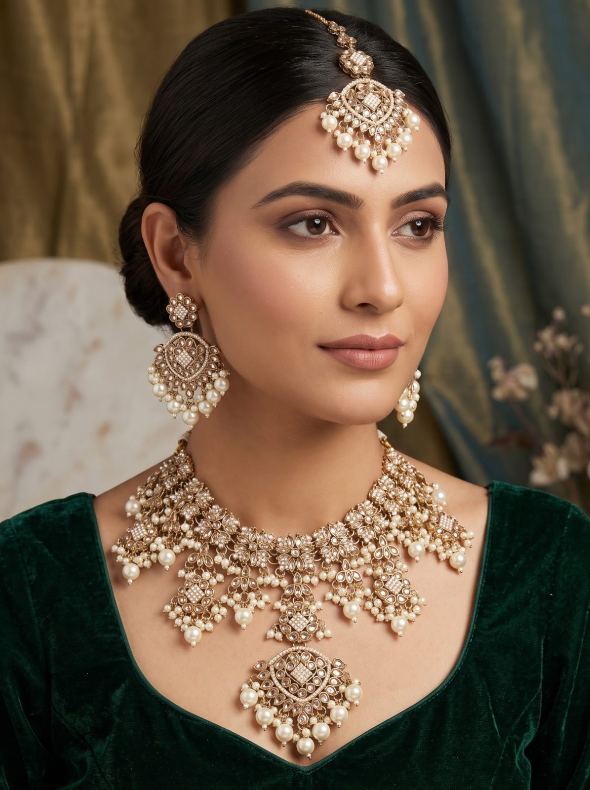 Naira Detailed Pearl and Kundan Necklace Set