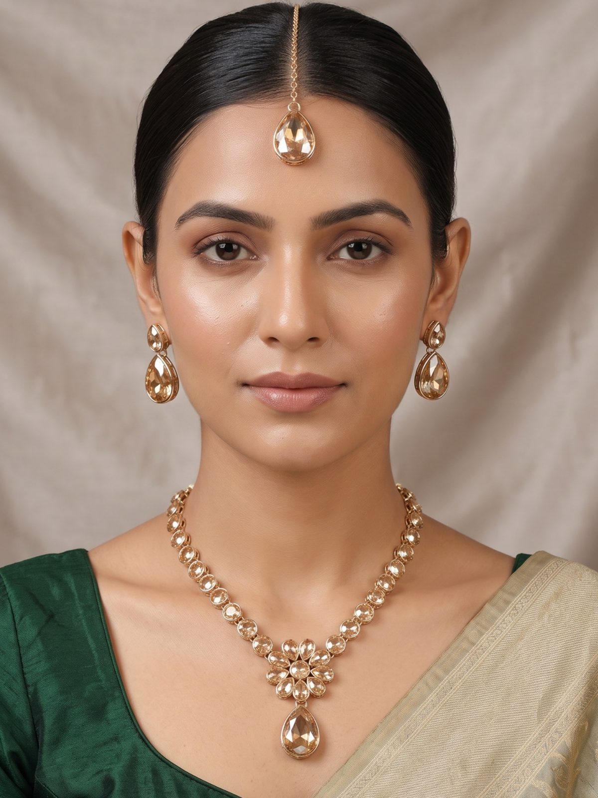 Kashish Kundan Stone Sleek Pendant Necklace Set with Tikka