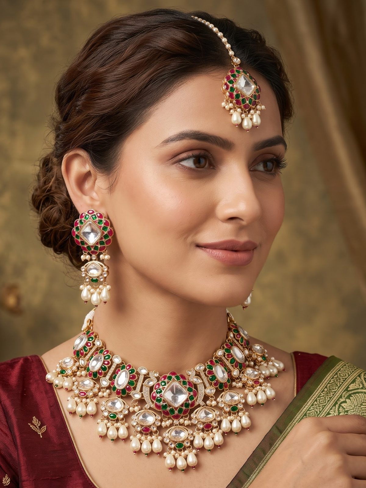 Lavnya Floral Desgin Kundan Necklace Set with Hanging Pearls