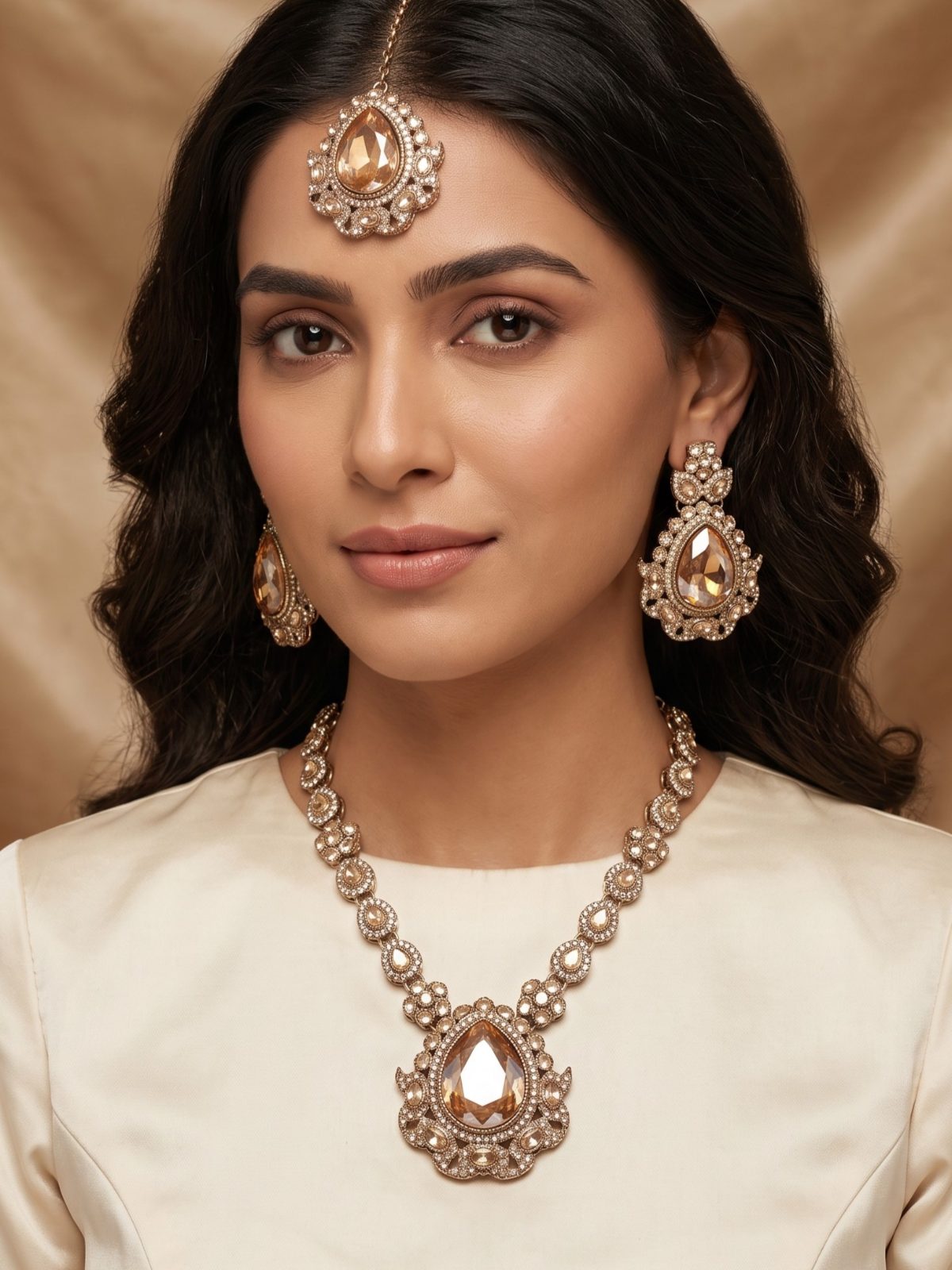 Khayana Semi-Long Necklace Set with Golden Crystal Stones