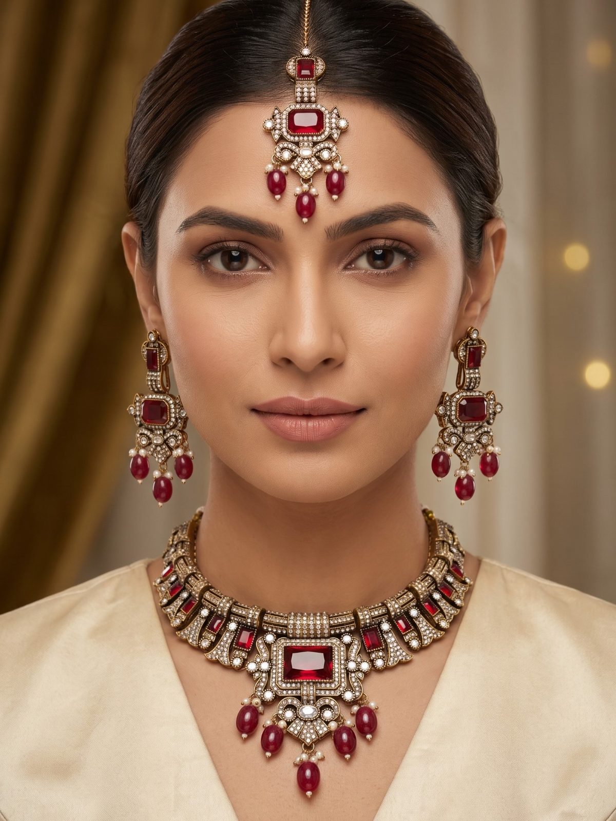 Mihika Monalisa Stone and Victorian Zircon Necklace Set with Tikka