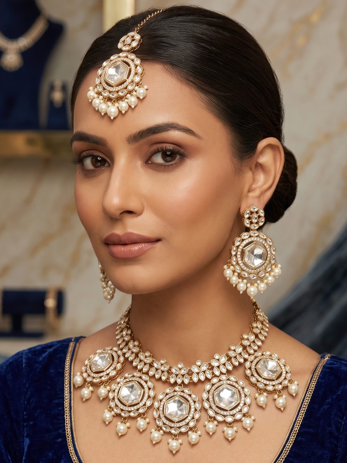 Akshita Uncut Kundan Necklace with Hanging Maang Tikka