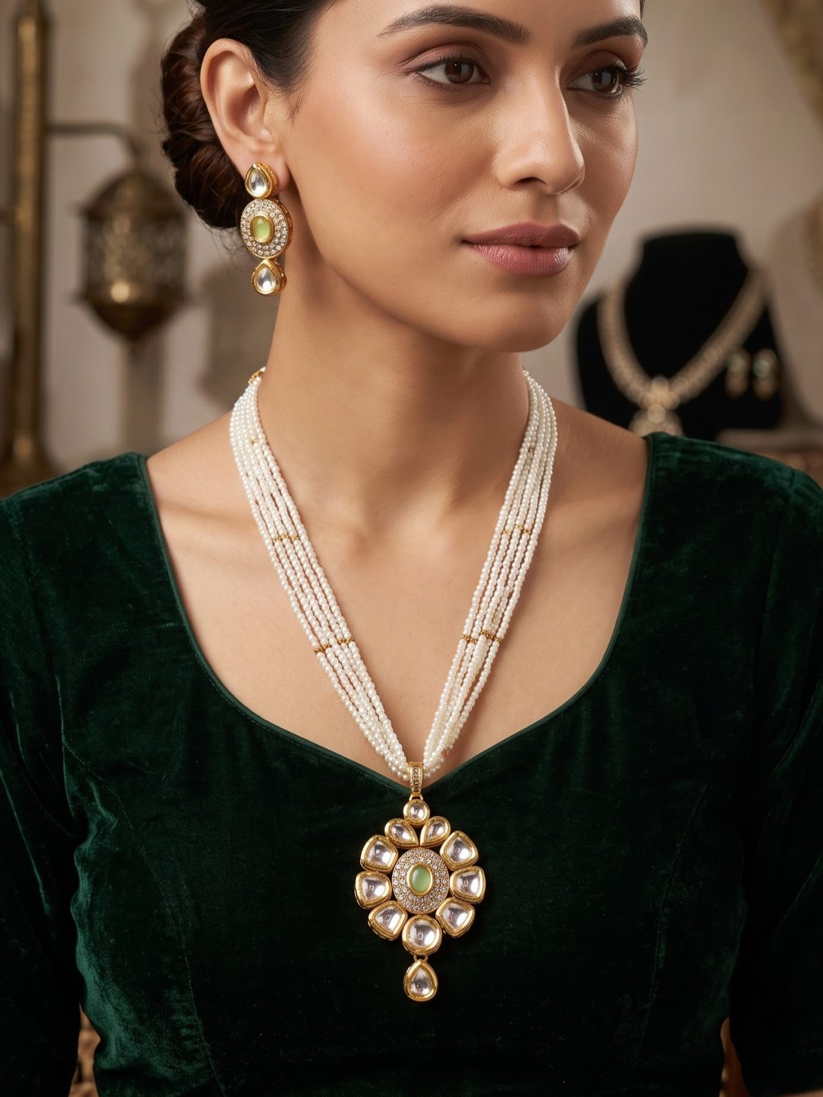 Mihika Kundan and Pearls Long Pendant Set