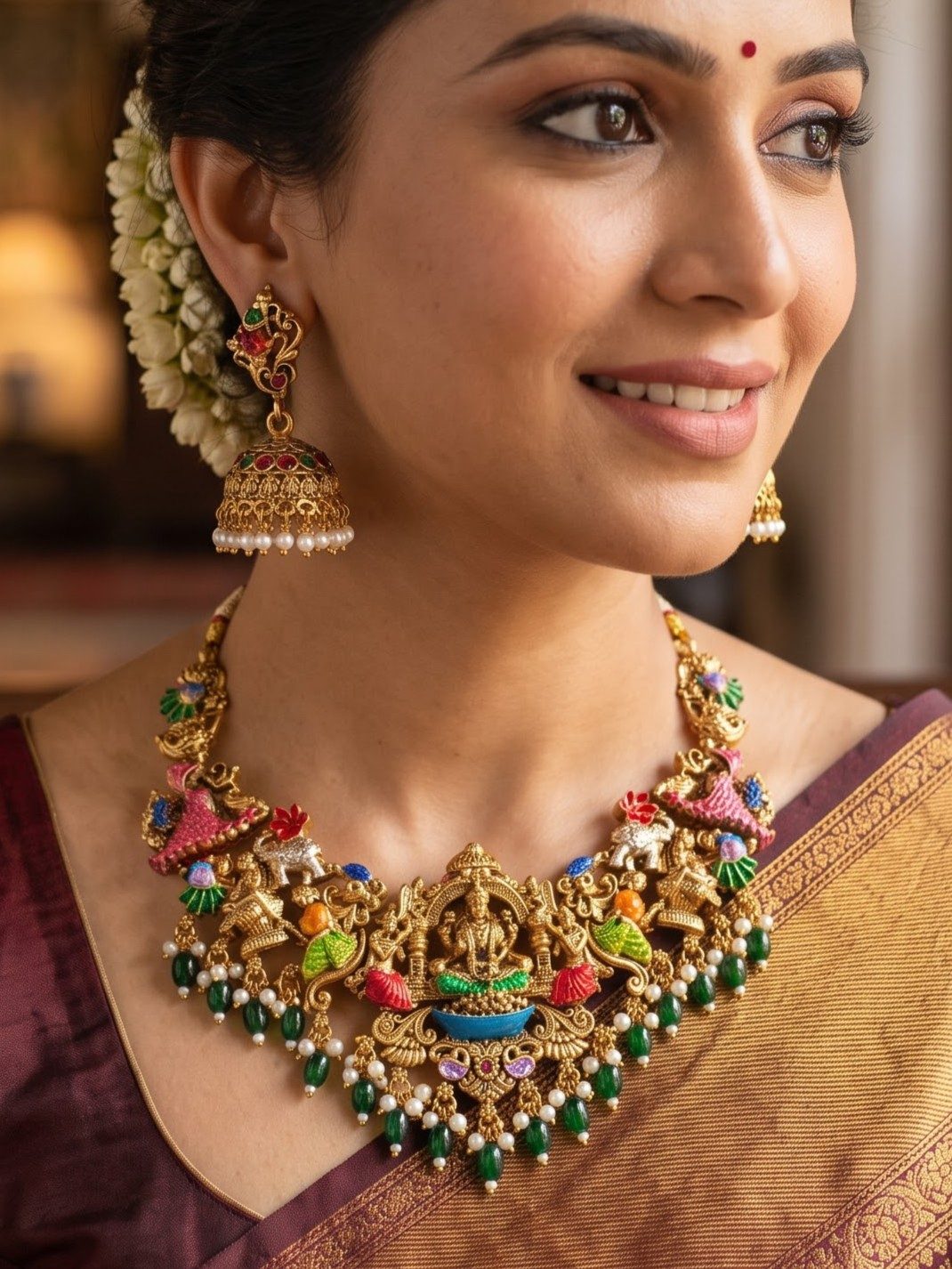 Ruvika Antique Gold Plated Lakshmi Darbar Necklace Set with Meenakari