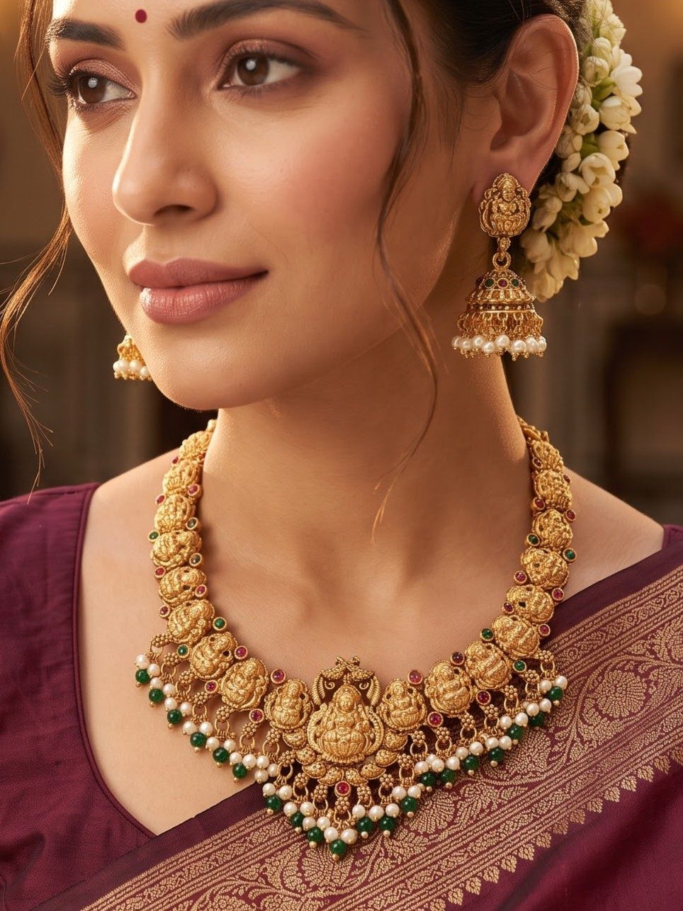 Geetanjali Temple Look Necklace Set with Green Beads