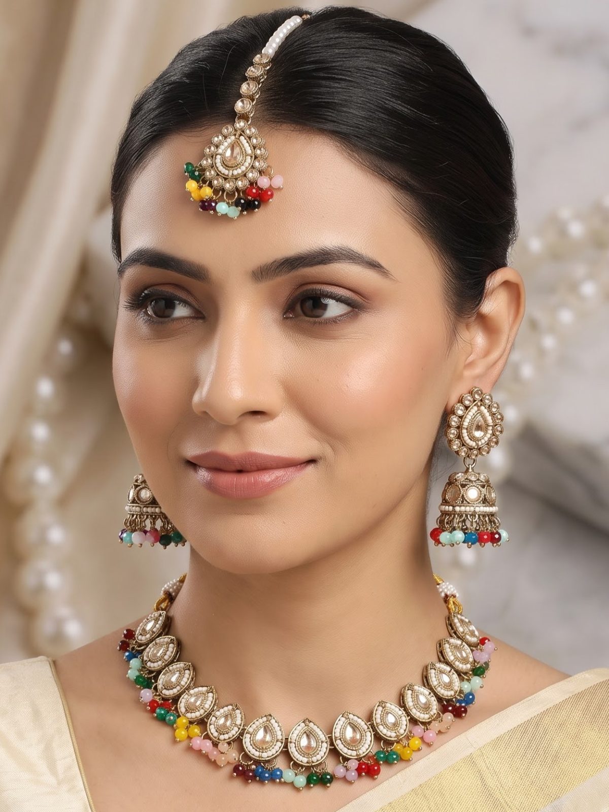 Radhika Crystals Stone Necklace Set With Tikka