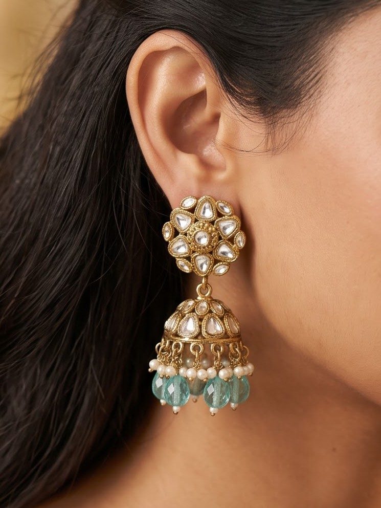 Nisha Minimal Kundan with Hanging Crystals Jhumkas