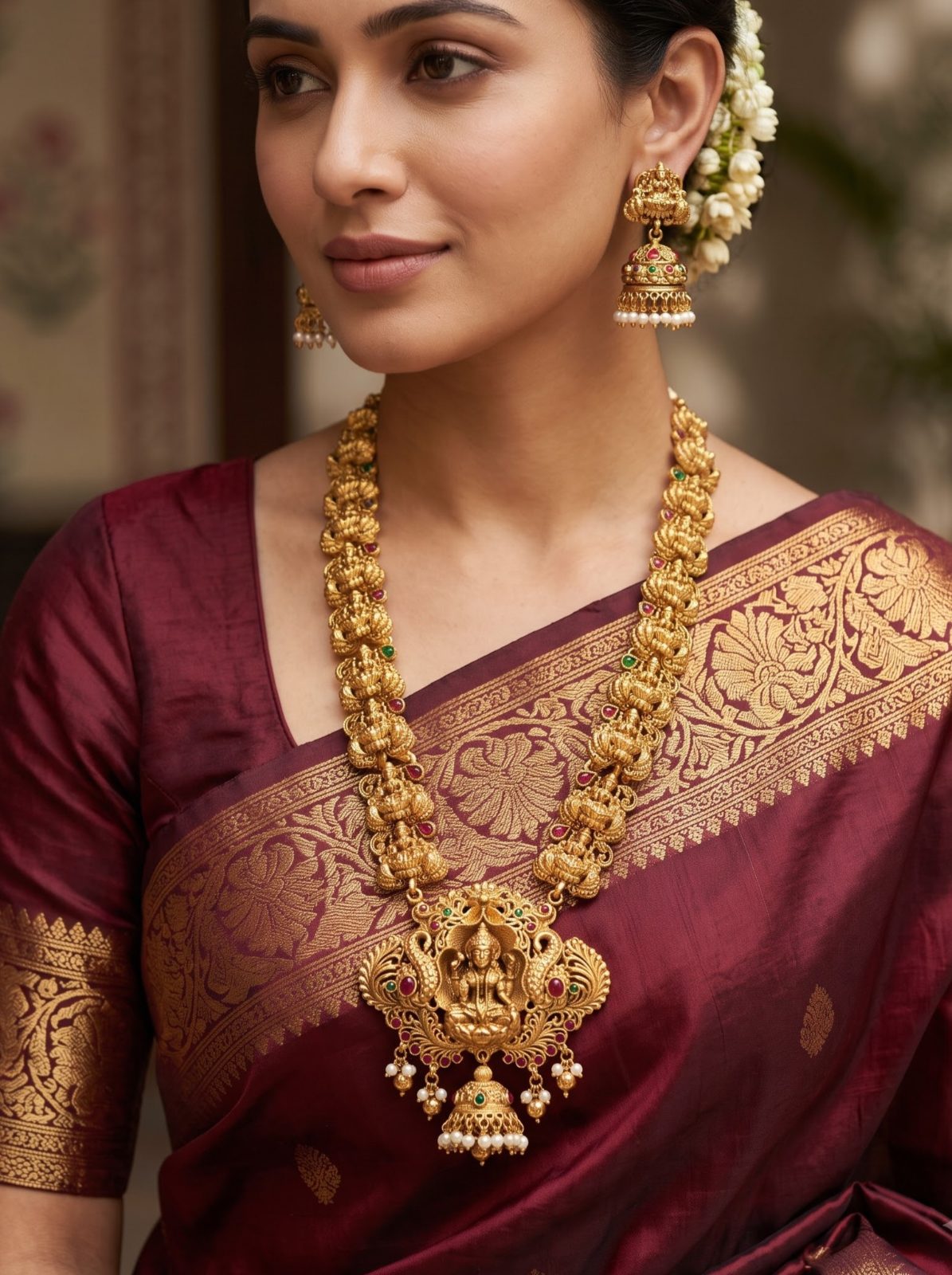 Sudha Traditional Antique Gold South Indian Temple Haram Necklace Set