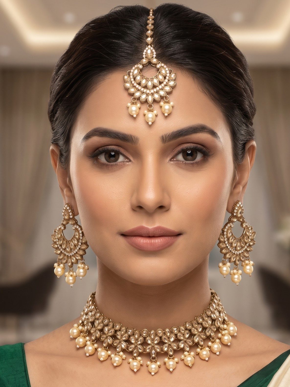 Rashika Pearls Hanging and Golden Kundan Necklace Set with Maang Tikka