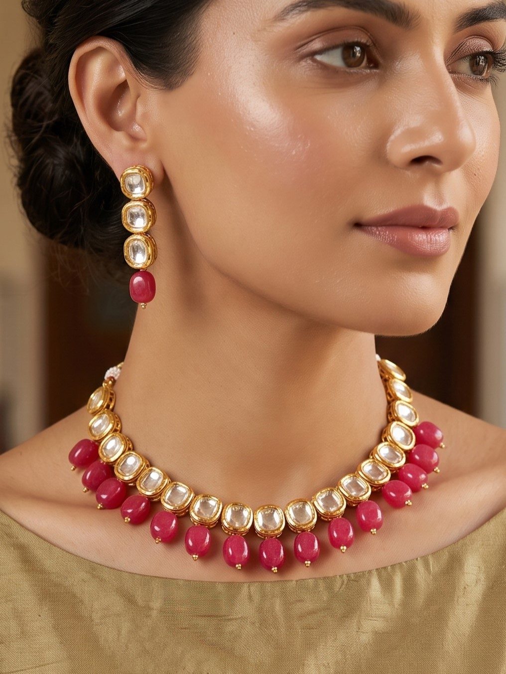 Mansi Square Shaped Kundan Necklace Set with Hanging Pearls