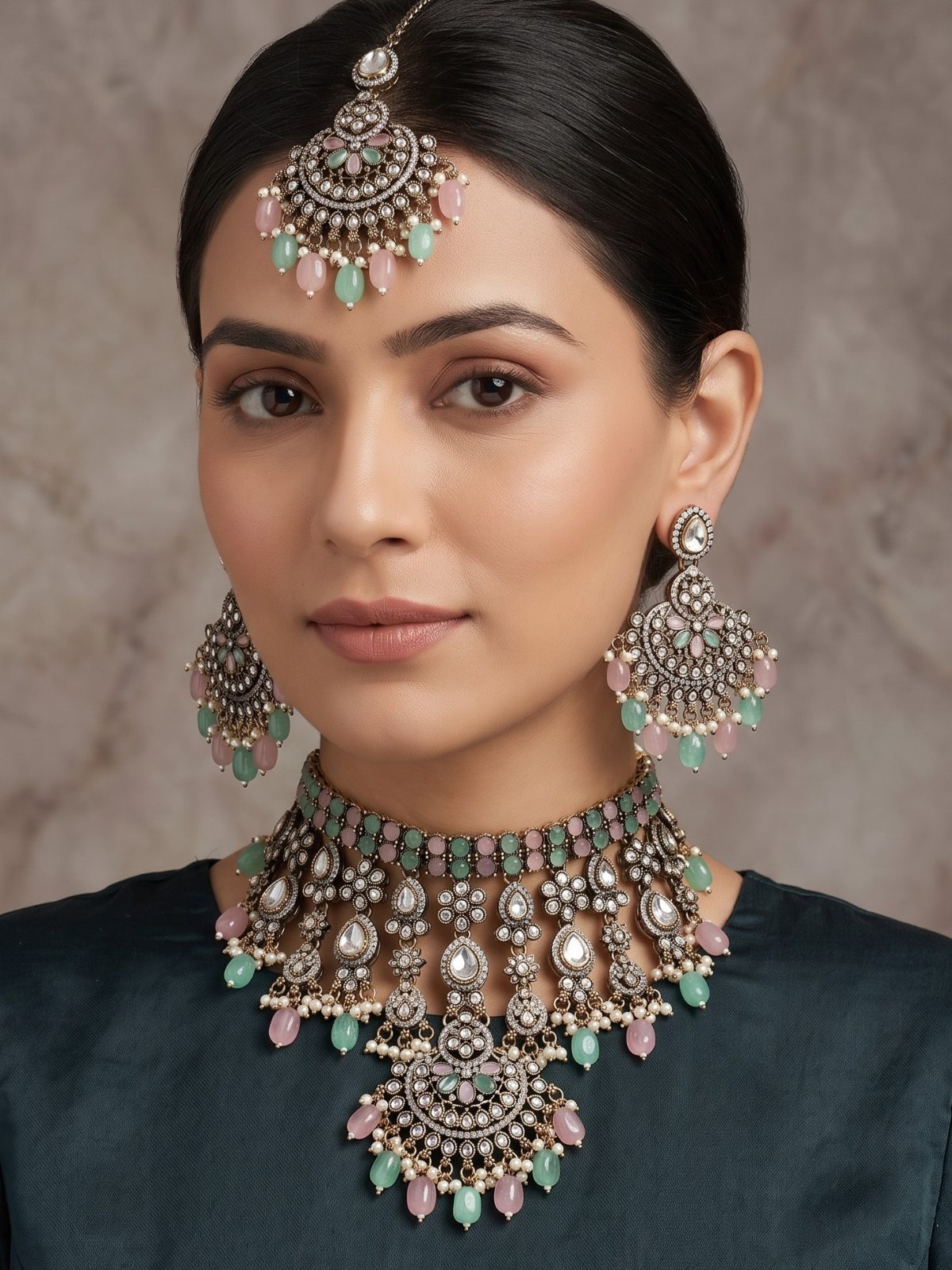 Ruhi Detailed Victorian Zircon with Hanging Pearls Choker Set