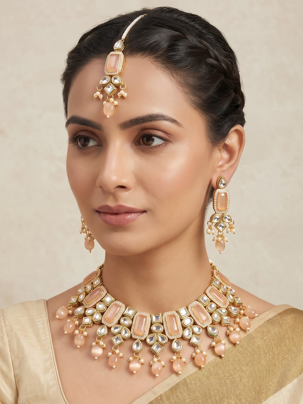 Mansi Monalisa Peach Stone Necklace Set with Hanging Drops
