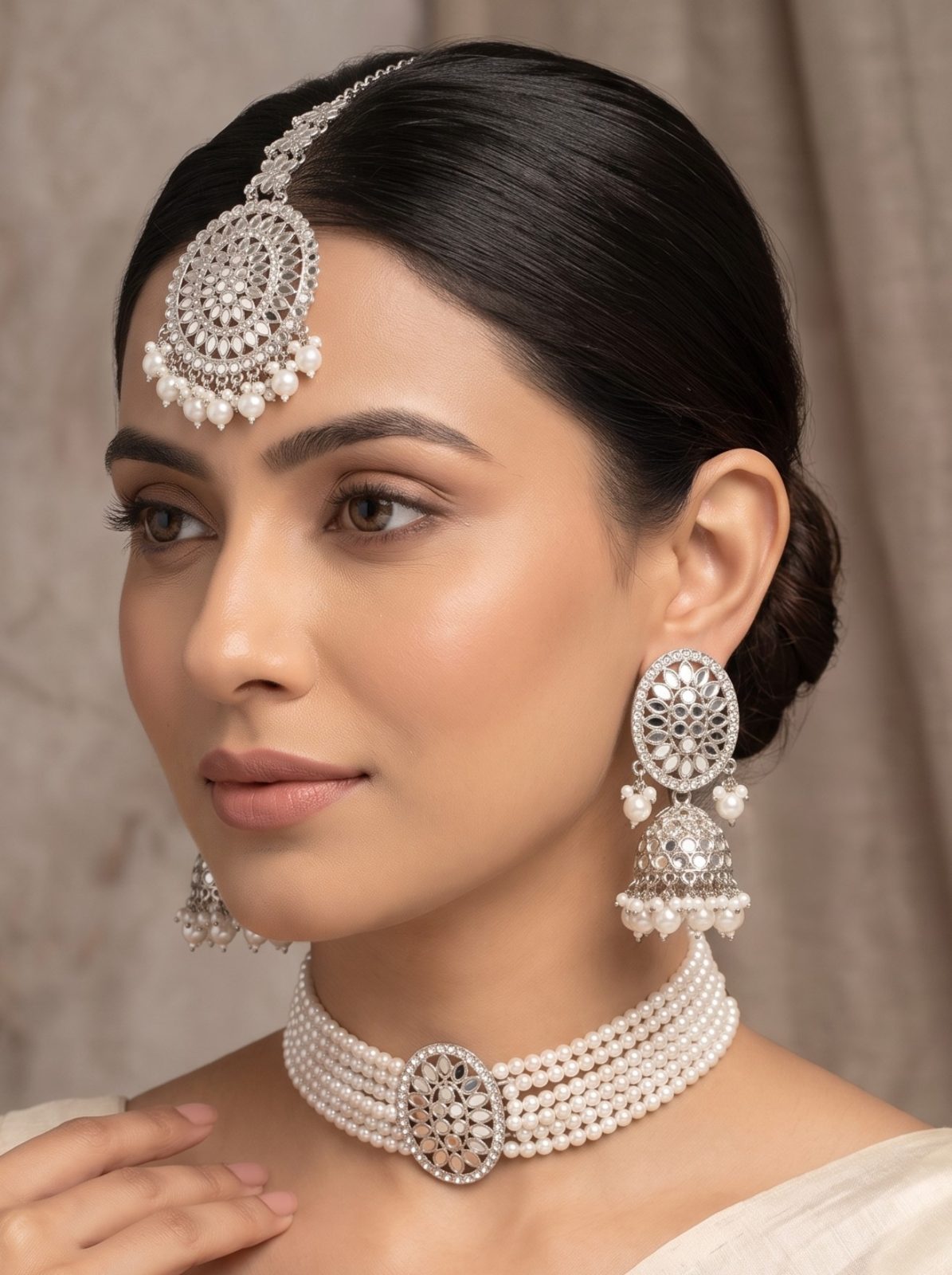 Eshani Silver Polished Mirror Pearls Choker Set