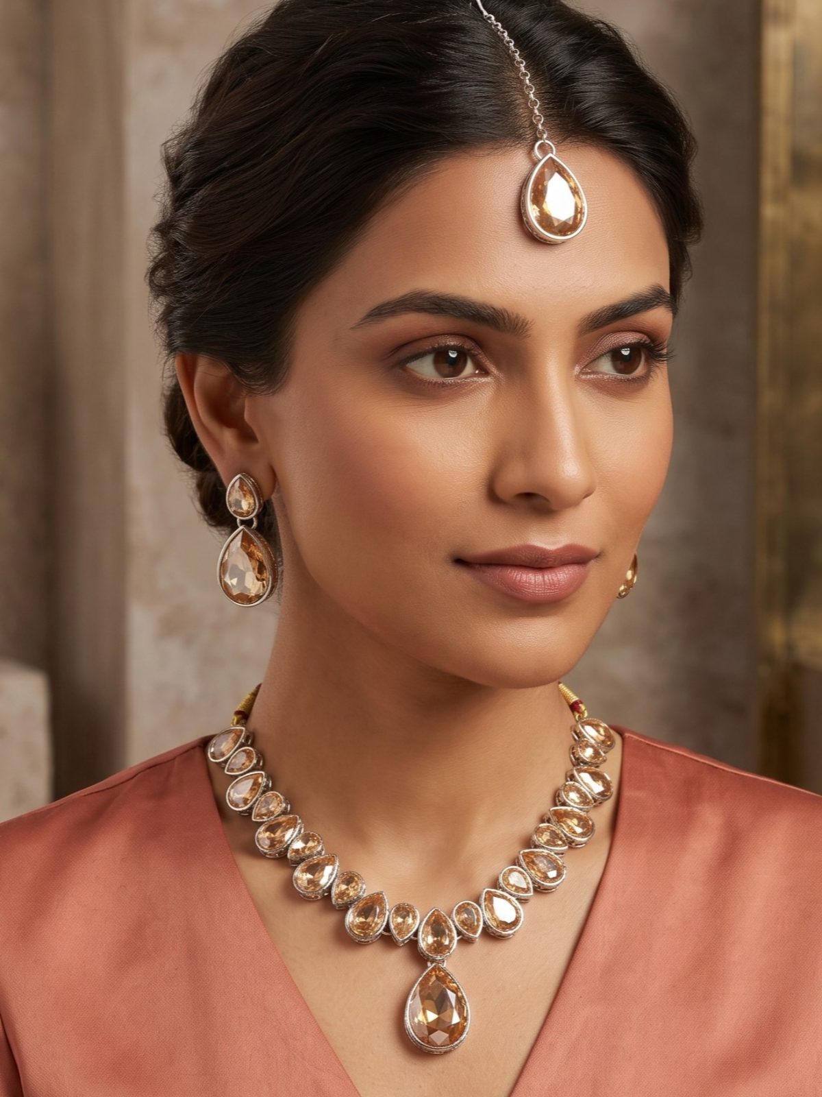 Kaira Crystal Kundan Necklace Set with Maang Tikka