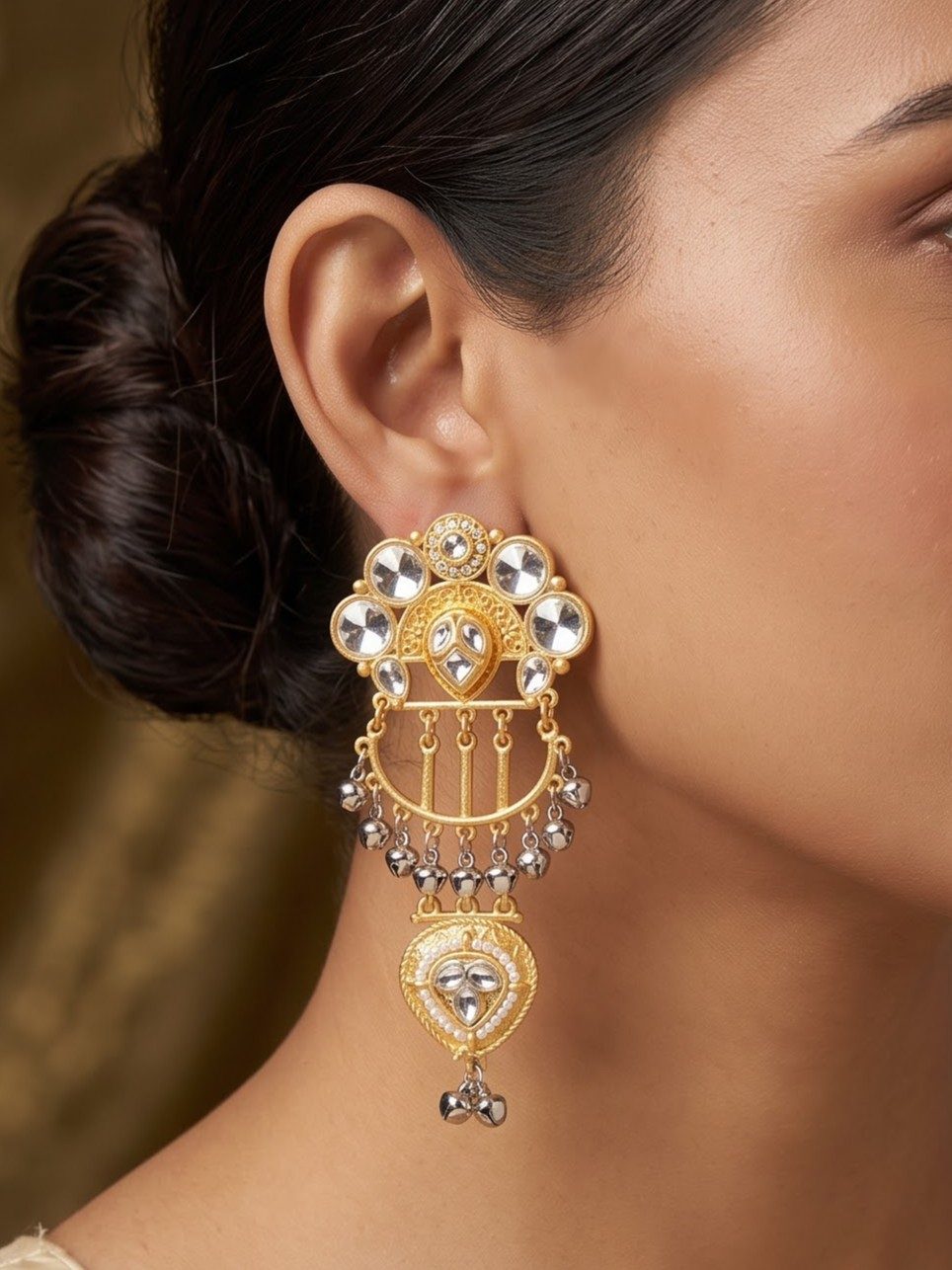 Kashmiri Earrings Acrylic Kundan with Silver Ghungroos