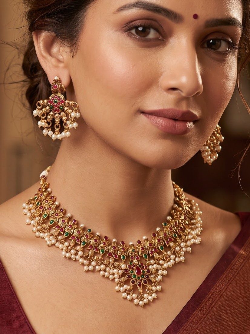 Savitri Gold Plated Multi Stone and Pearl Necklace Set