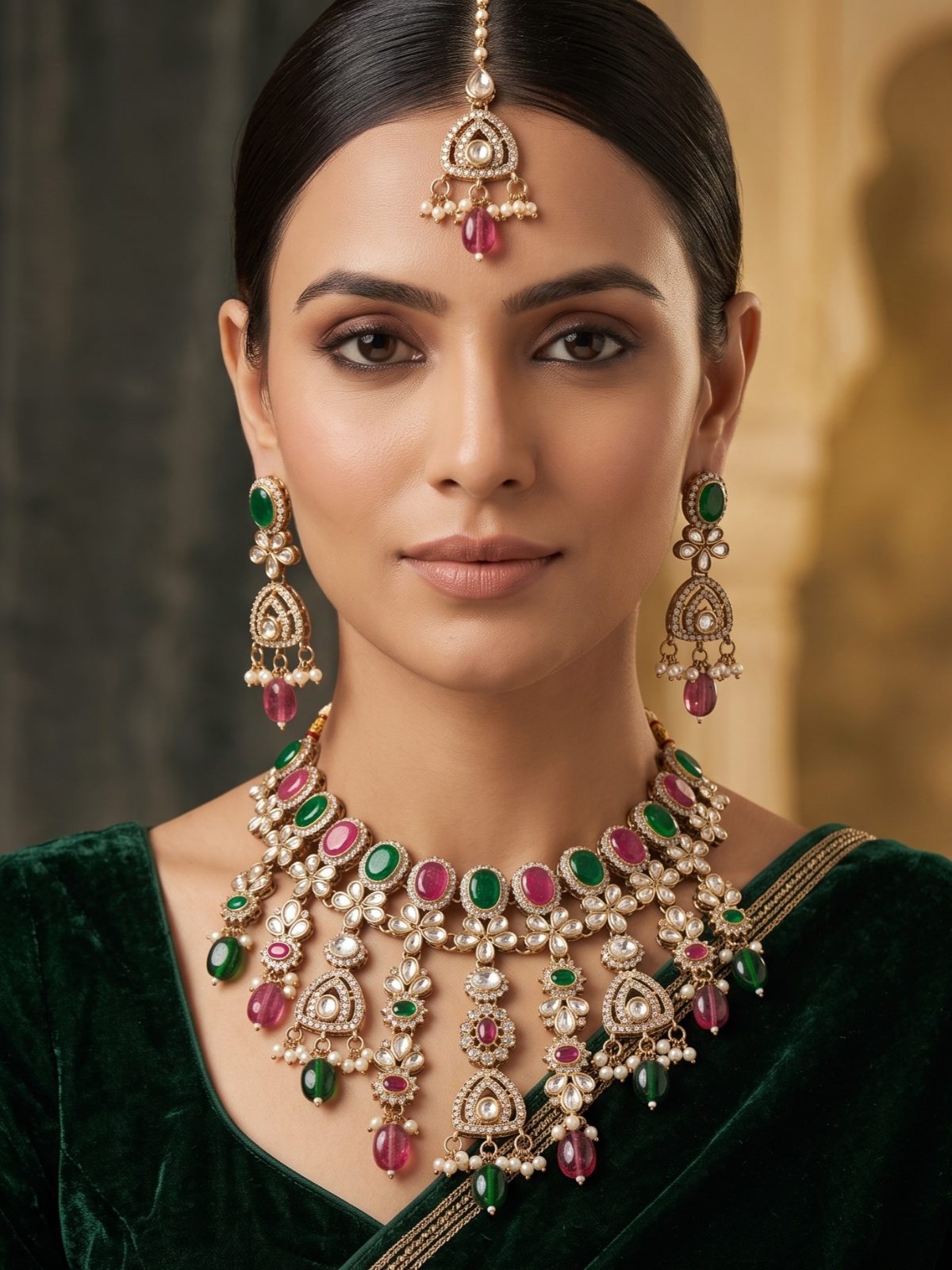 Maniya Victorian Zercon Monalisa Stone Necklace Set With Pearls