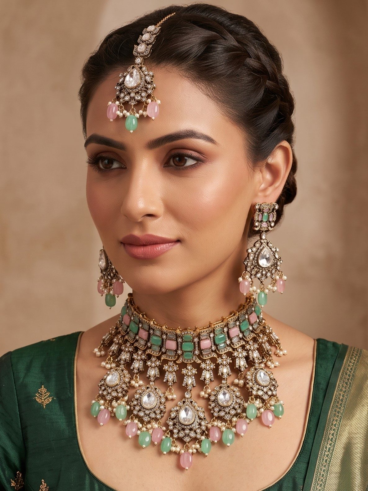 Teena Monalisa Stone and Victorian Zircon Choker Set with Tikka
