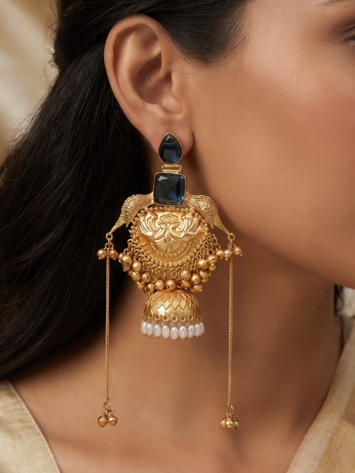 Ishita Kashmiri Jhumkas Earrings Hanging Chains with Pearls