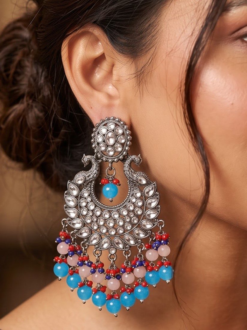 Smita Black Metal Kundan Studded Peacock Earrings