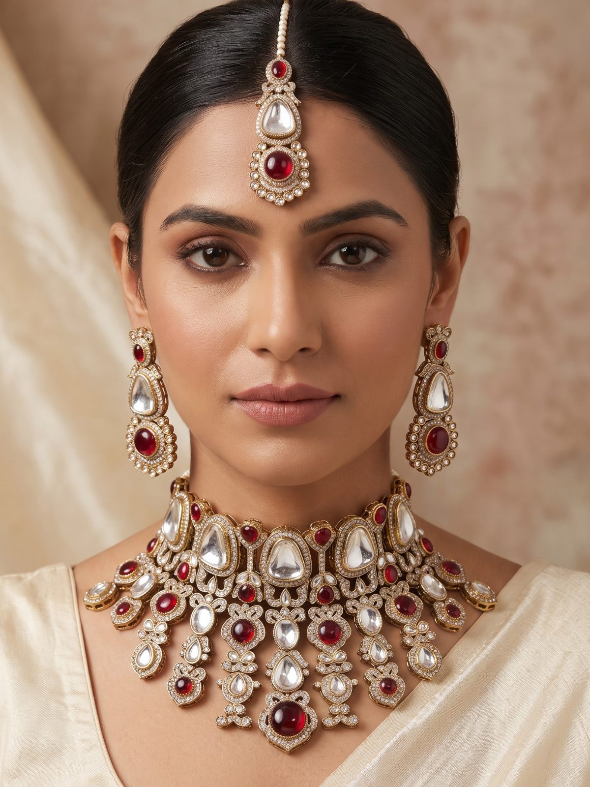 Myra Uncut Glass Kundan and Monalisa Stone Choker Set with Tikka