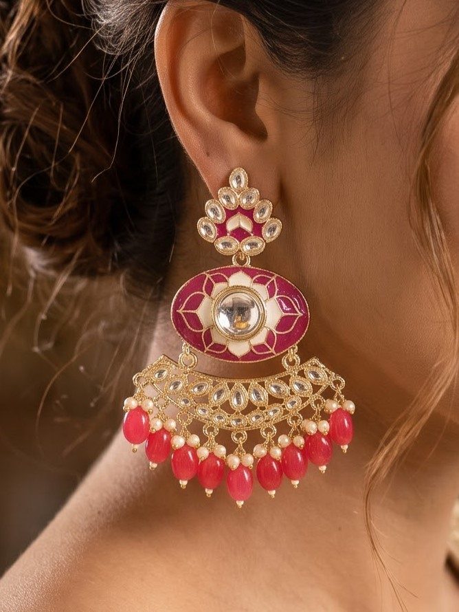 Mishika Kundan and Handpainted Earrings with Hanging Pearls