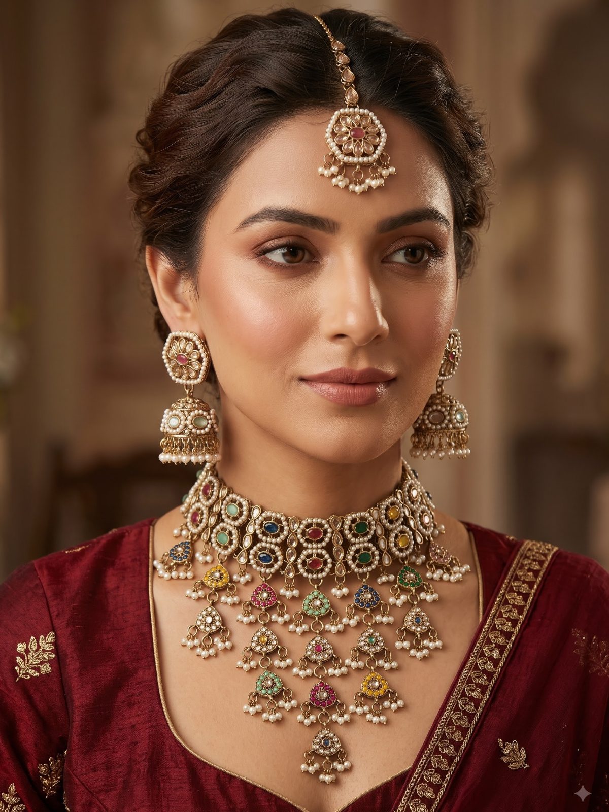 Devanshi Jadau V Shaped Necklace Set With Tikka