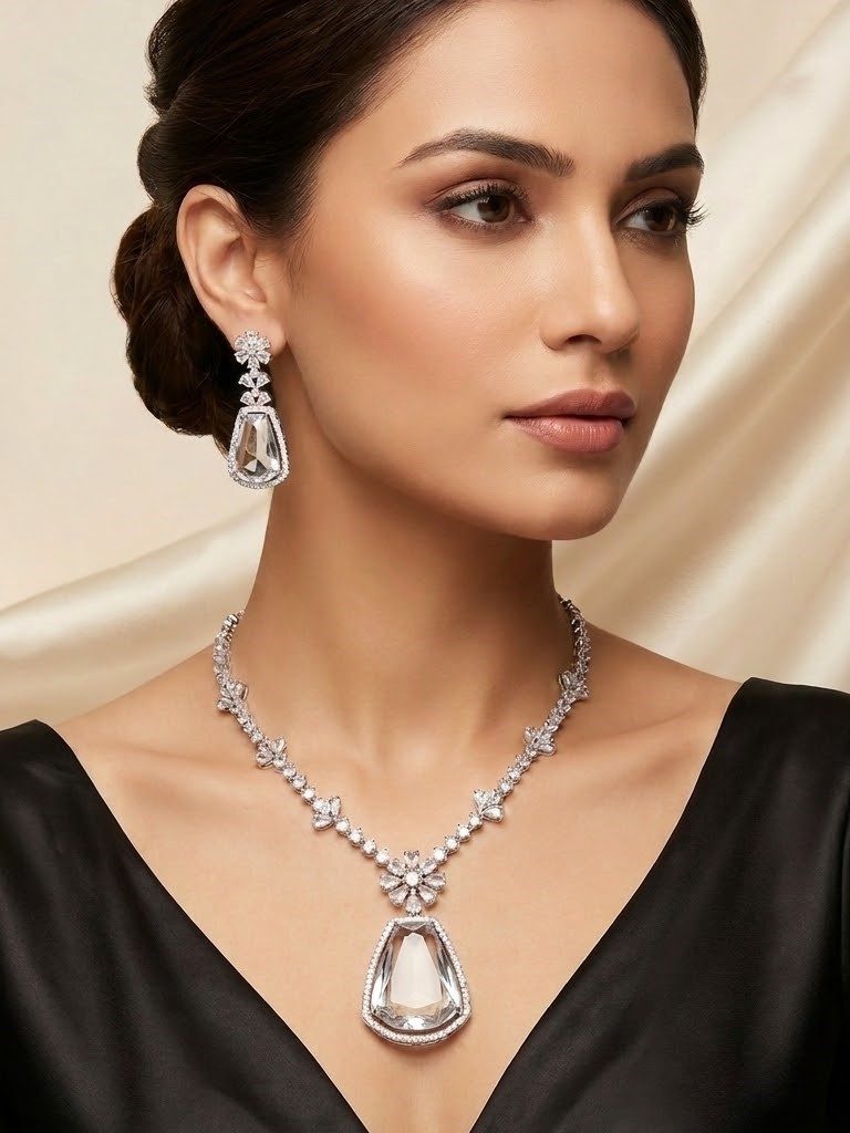 Khushi Crystal Stone American Diamond Pendant Necklace Set