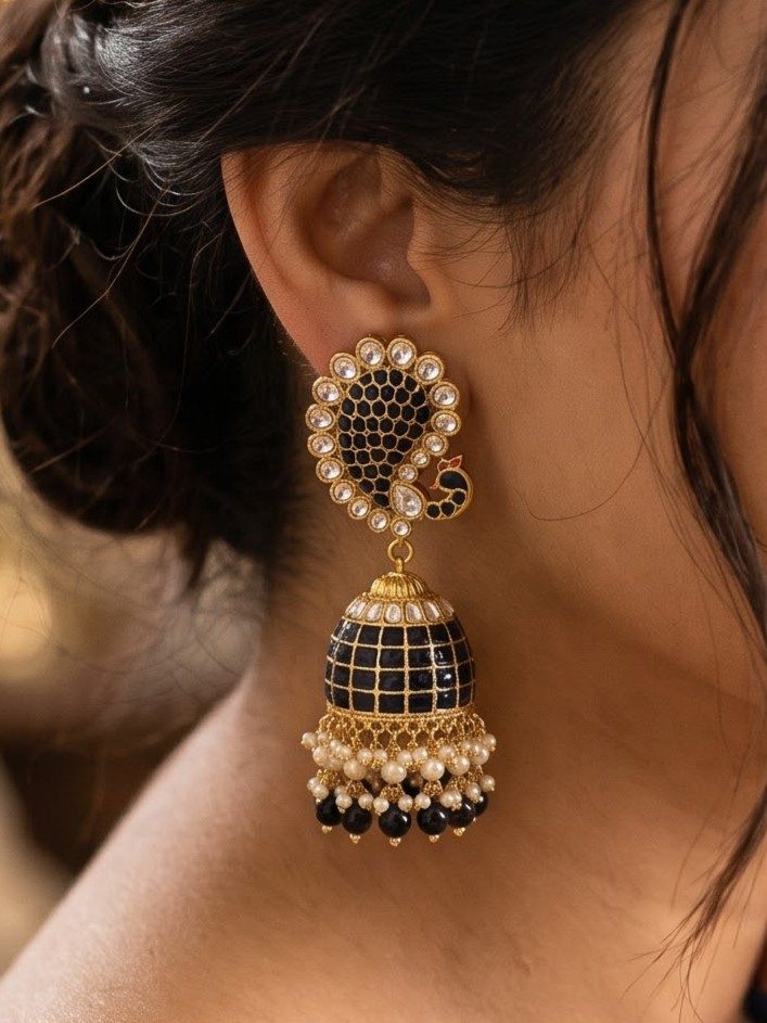 Sanjana Kundan Meenakari Jhumka with Hanging Pearls