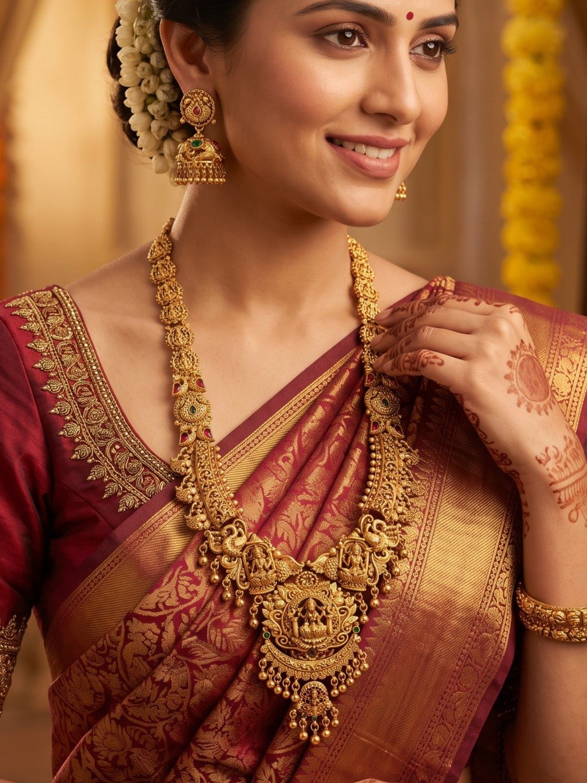 Tanirika Antique Gold Finish Temple Jewellery Long Necklace Set