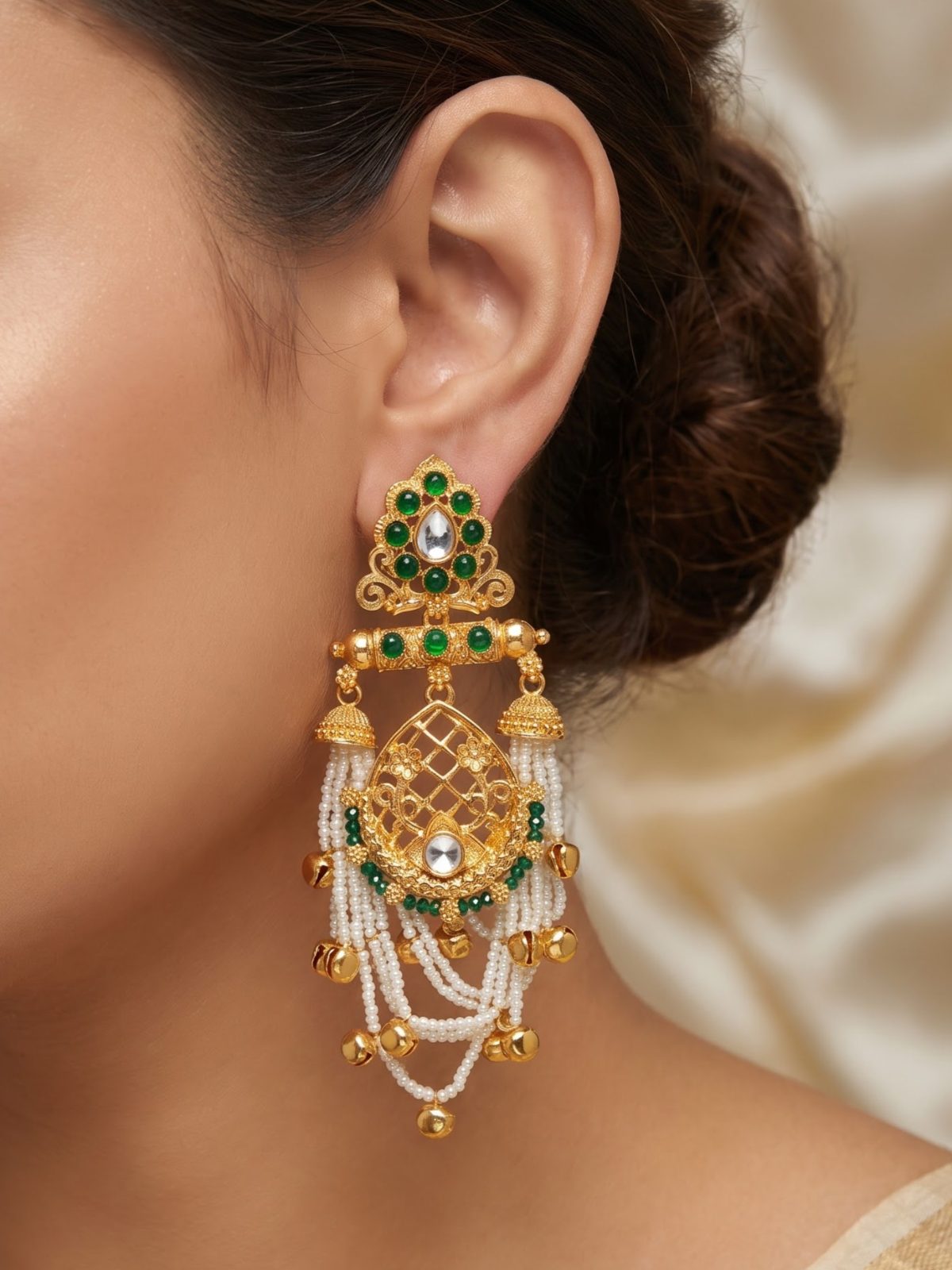 Nia Gold Plated Kashmiri Earrings with White Pearls Chain and Hanging Ghungroos