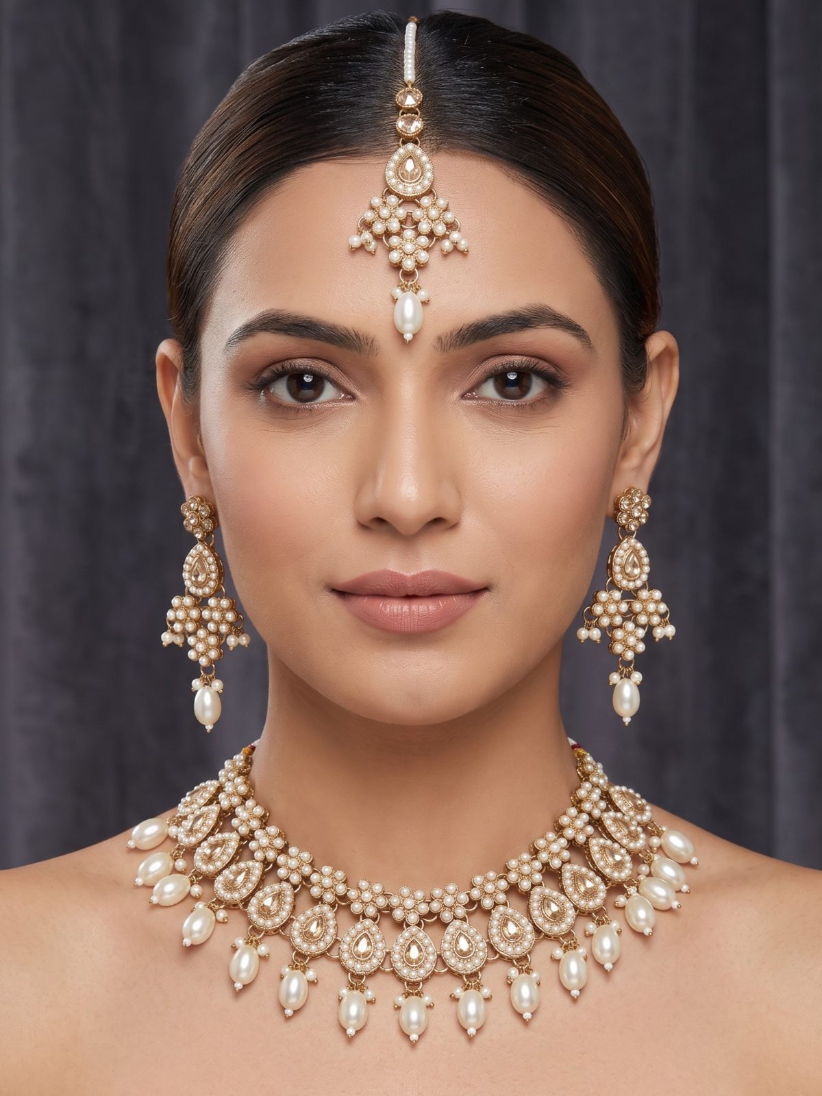 Divya Golden Kundan and Pearls Work Necklace Set with Maang Tikka