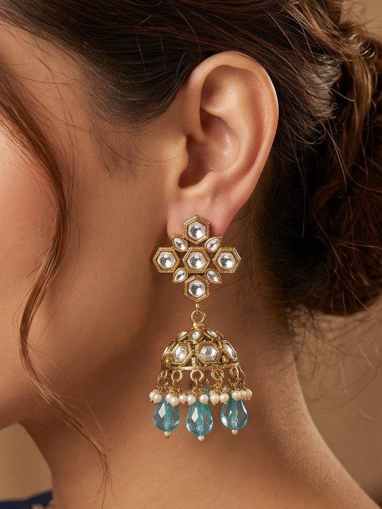Neha Minimal Kundan with Hanging Crystals Jhumkas