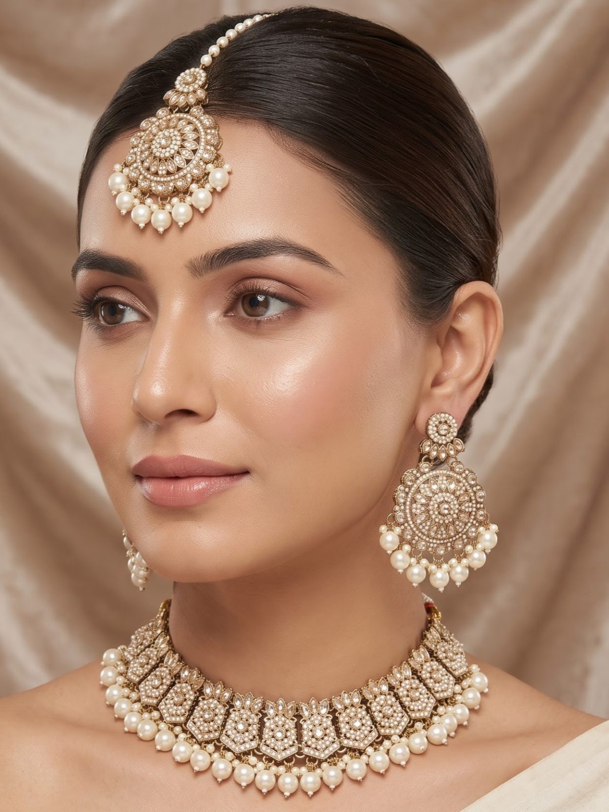 Nisha Kundan Necklace Set with Hanging Pearls Work