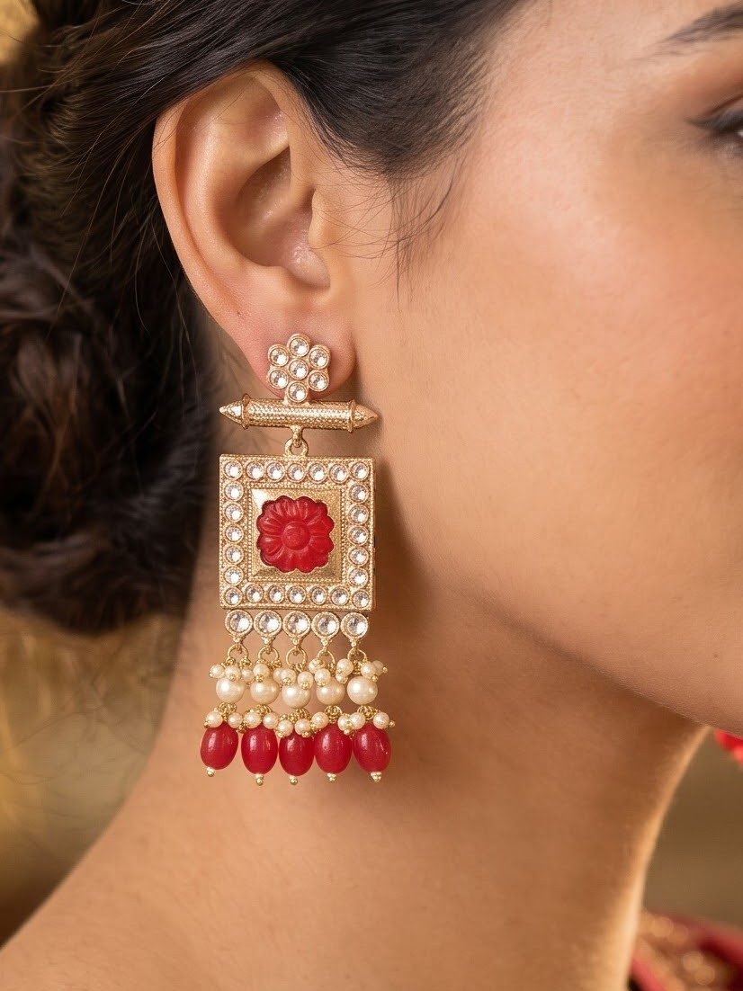Shanvika Uncut Kundan Earrings with Hanging Pearls