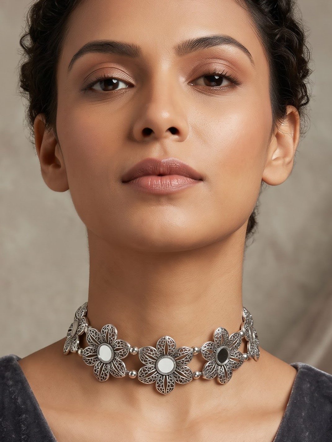 Ridhima Floral Silver Choker Necklace
