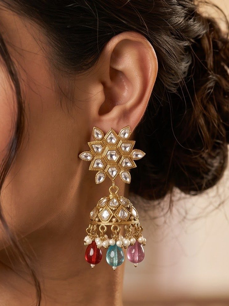 Dimple Floral Desgin with Hanging Crystals Jhumkas