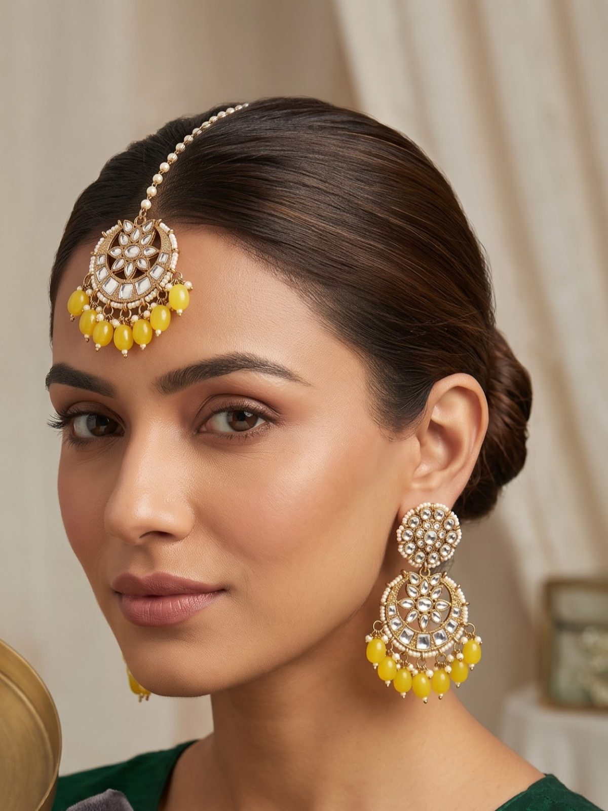 Jasmine Kundan Statement Chandbali Earrings with Maang Tikka