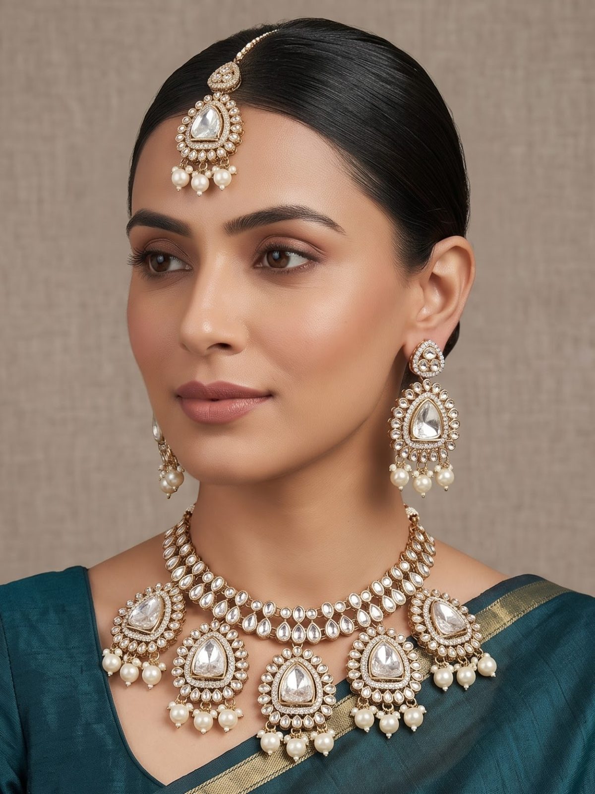 Mannat Teardrop Cluster Round Necklace Set