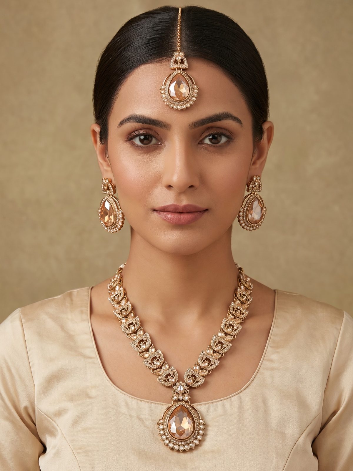 Shayana Long Necklace Set with Golden Crystal Stones